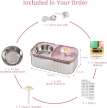 Load image into Gallery viewer, Epzia Cat Water Fountain and Food Bowl, 3L/101oz Ultra Quiet Pet Water Dispenser with Smart Pump and 3 Replacement Filters, Automatic Flower Fountain & Stainless Steel Bowl for Dog & Cat (Pink)