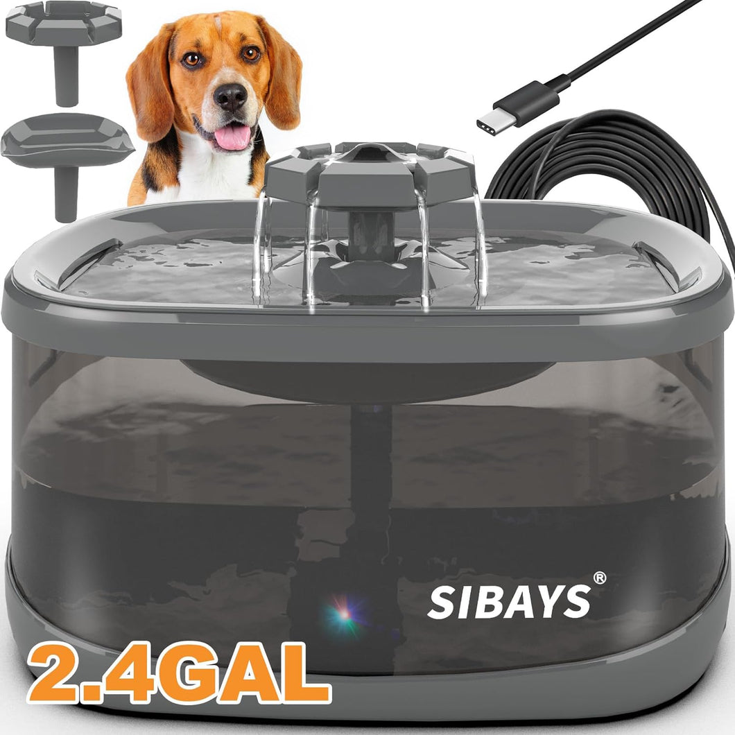SIBAYS 9L 300OZ 2.4GAL Dog Water Fountain for Large Dogs,3 Sprouts Pet Water Fountain for Dogs,Multi Pets,3 in 1 Light,Automaticlly Super Quiet,4 Layer