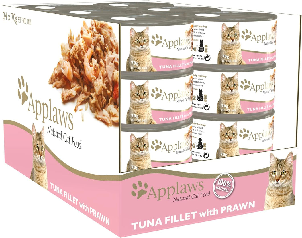 Applaws Tuna and Prawn Natural Wet Cat Food - 70 g tins, complementary food for adult cats, pack of 24