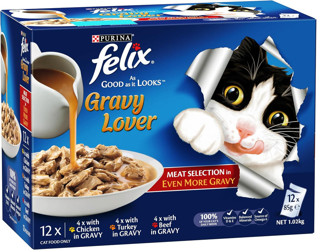 Felix Adult As Good As It Looks Gravy Lover Meat Selection Wet Cat Food, 60x85g