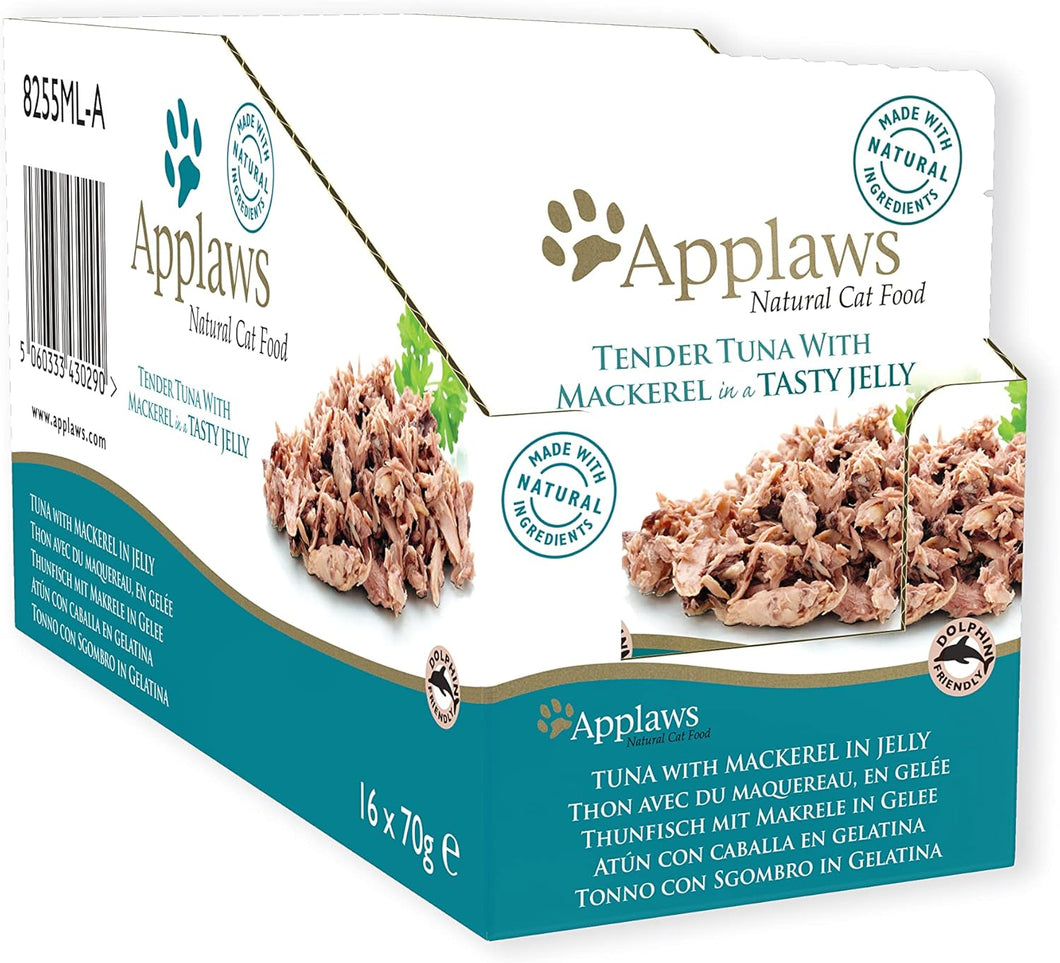 Applaws Tuna with Mackerel Natural Wet Cat Food in Jelly - 70 g pouches, complementary food for adult cats, pack of 16