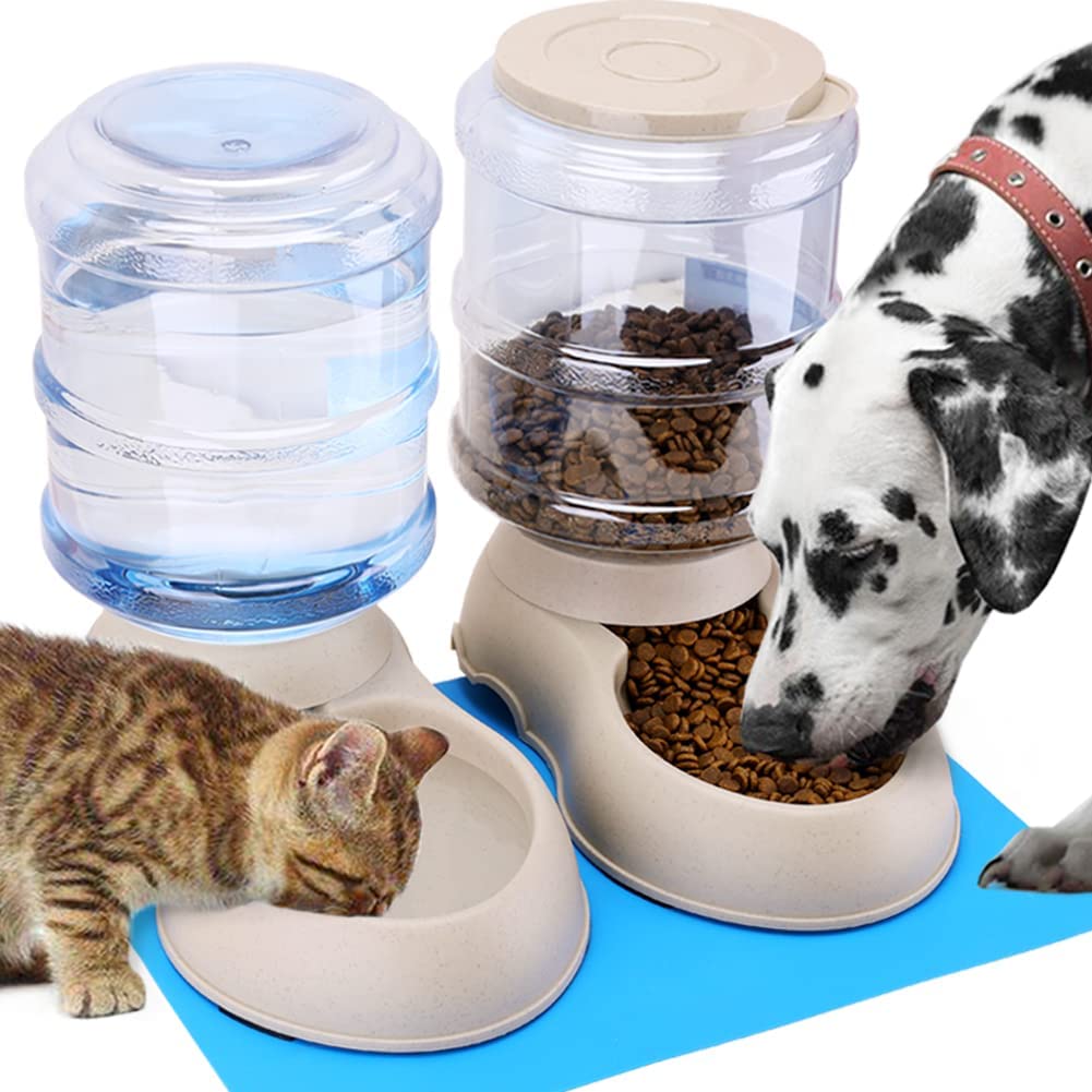 2 Pack Automatic Cat Feeder and Water Dispenser in Set with Pet Food Mat for Small Medium Dog Pets 1 Gallon x 2 (2 Pack Cream)