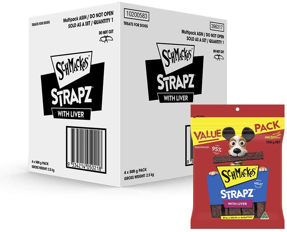 Schmackos Strapz Liver Flavour Dog Treats, 2kg Value Pack, (4 x 500g Bags)