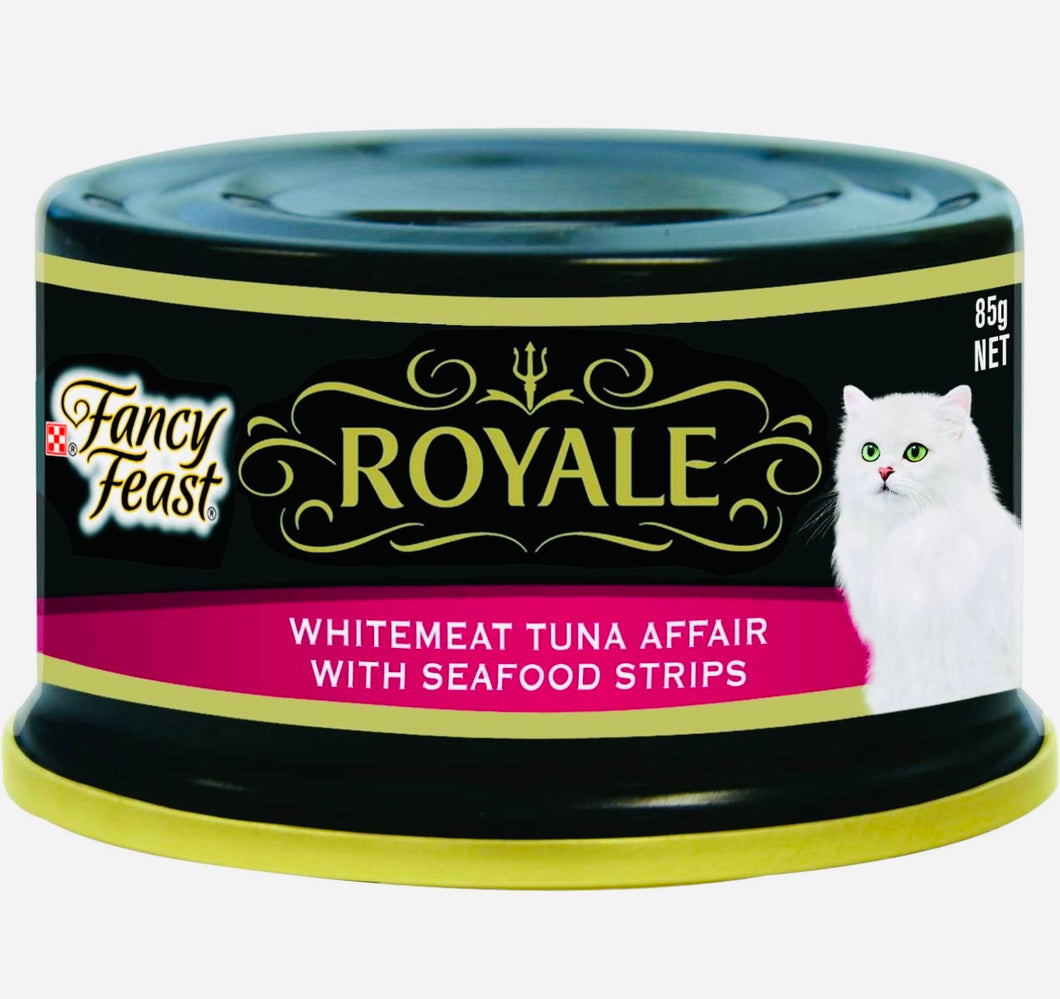 Fancy feast adult Royale whitemeat tuna affair with seafood strips wet cat food 24*85gm